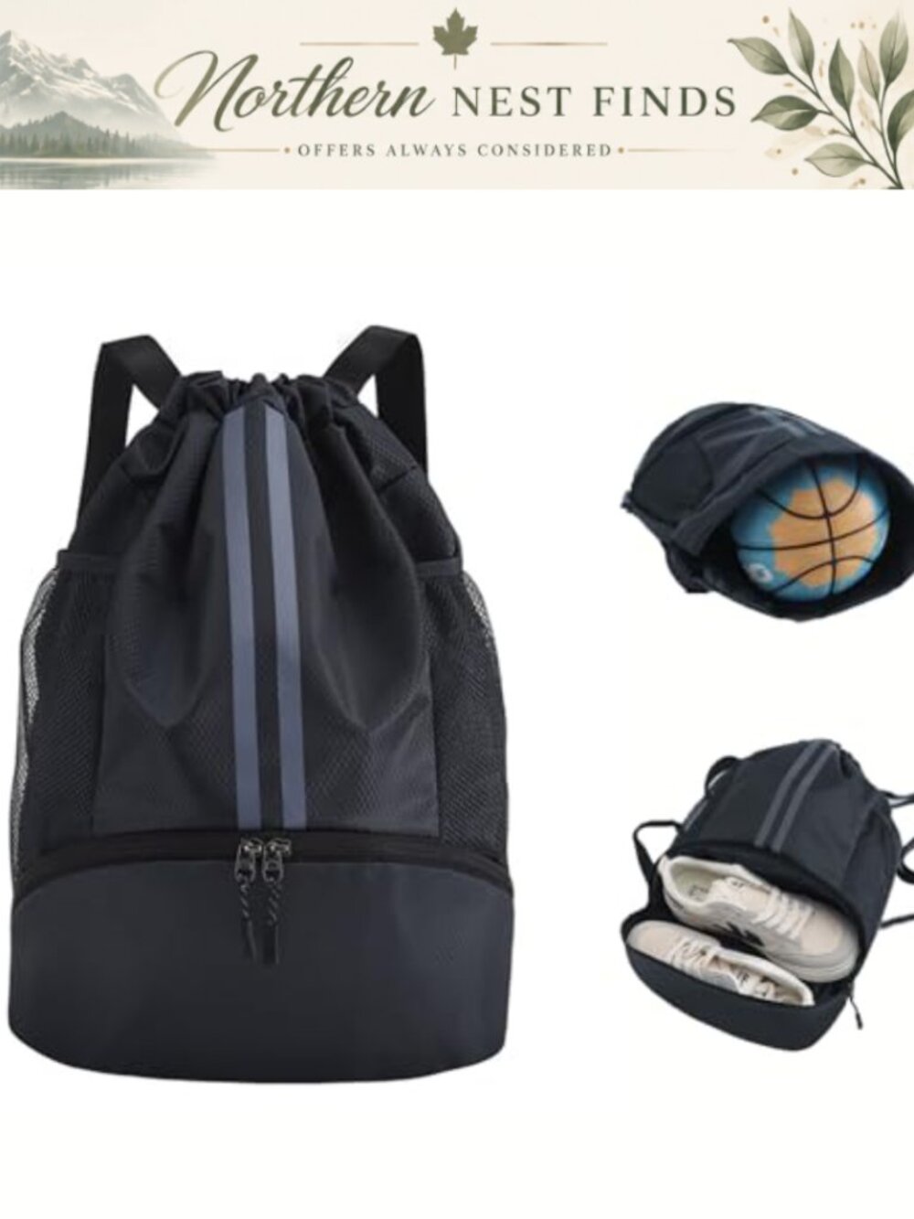 Water-Resistant Oxford Drawstring Backpack Shoe Compartment Gym Bag